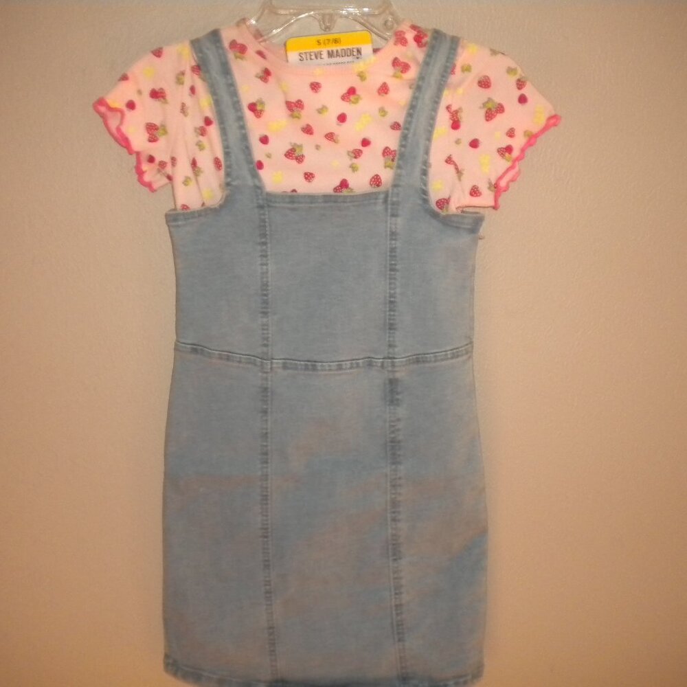 Steve Madden Girls Small Light Blue Denim Strawberry Top 2 Piece Dress Set NWT